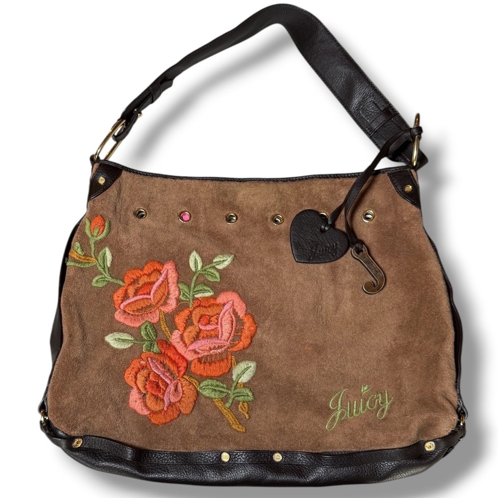 Juicy Couture Vintage Shoulder Hobo Bag Large Brown Embroidered Rose Y2K 00s